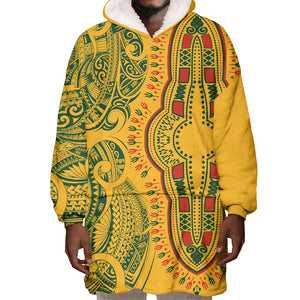 Dashiki and Polynesian Pattern Wearable Blanket Hoodie Afro Pacific Culture Gold Version