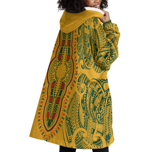 Dashiki and Polynesian Pattern Wearable Blanket Hoodie Afro Pacific Culture Gold Version
