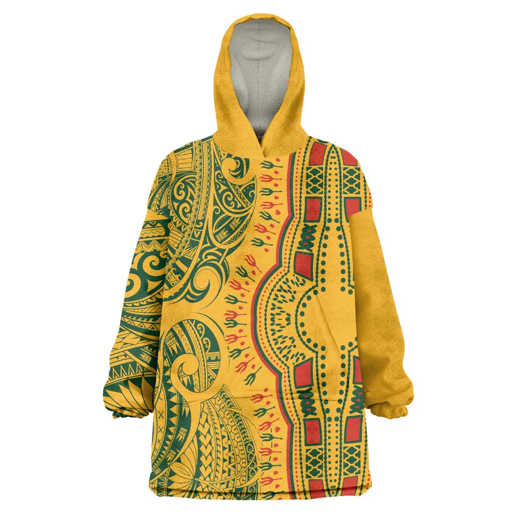 Dashiki and Polynesian Pattern Wearable Blanket Hoodie Afro Pacific Culture Gold Version