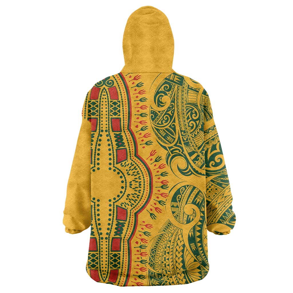 Dashiki and Polynesian Pattern Wearable Blanket Hoodie Afro Pacific Culture Gold Version