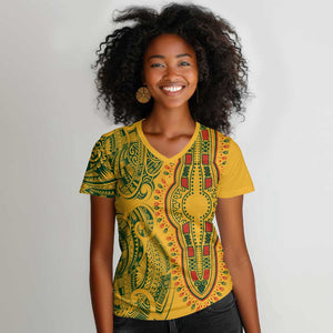 Dashiki and Polynesian Pattern Women V-Neck T-Shirt Afro Pacific Culture Gold Version