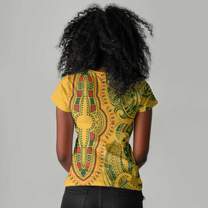 Dashiki and Polynesian Pattern Women V-Neck T-Shirt Afro Pacific Culture Gold Version