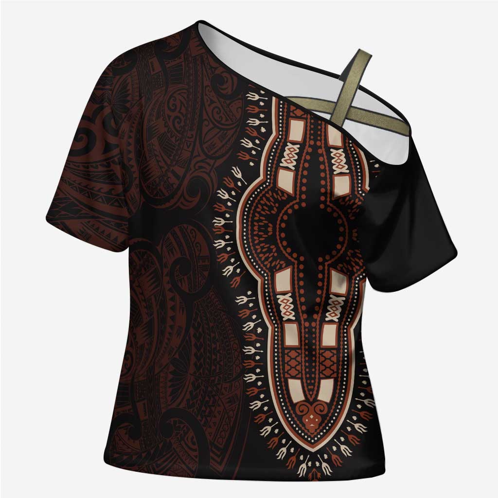 Dashiki and Polynesian Pattern Cross Shoulder Shirt Afro Pacific Culture Red Version