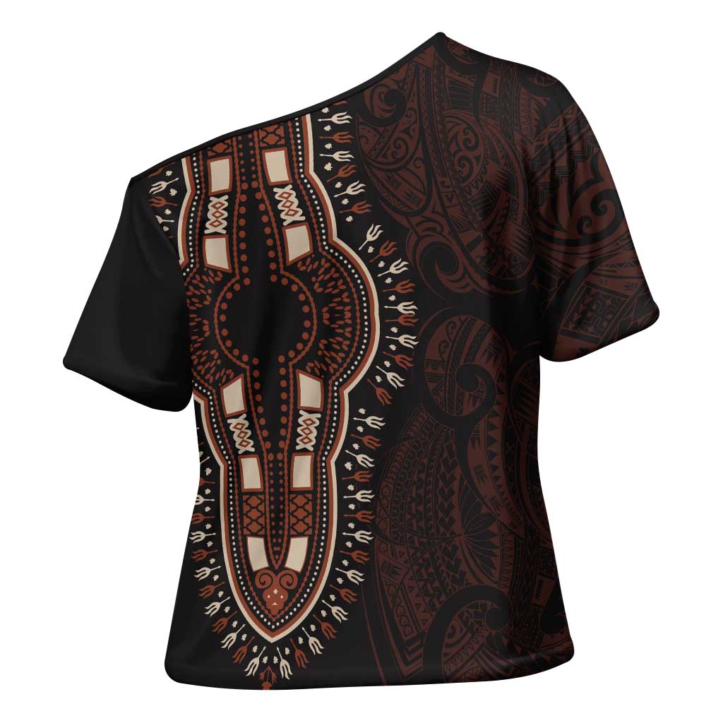 Dashiki and Polynesian Pattern Cross Shoulder Shirt Afro Pacific Culture Red Version