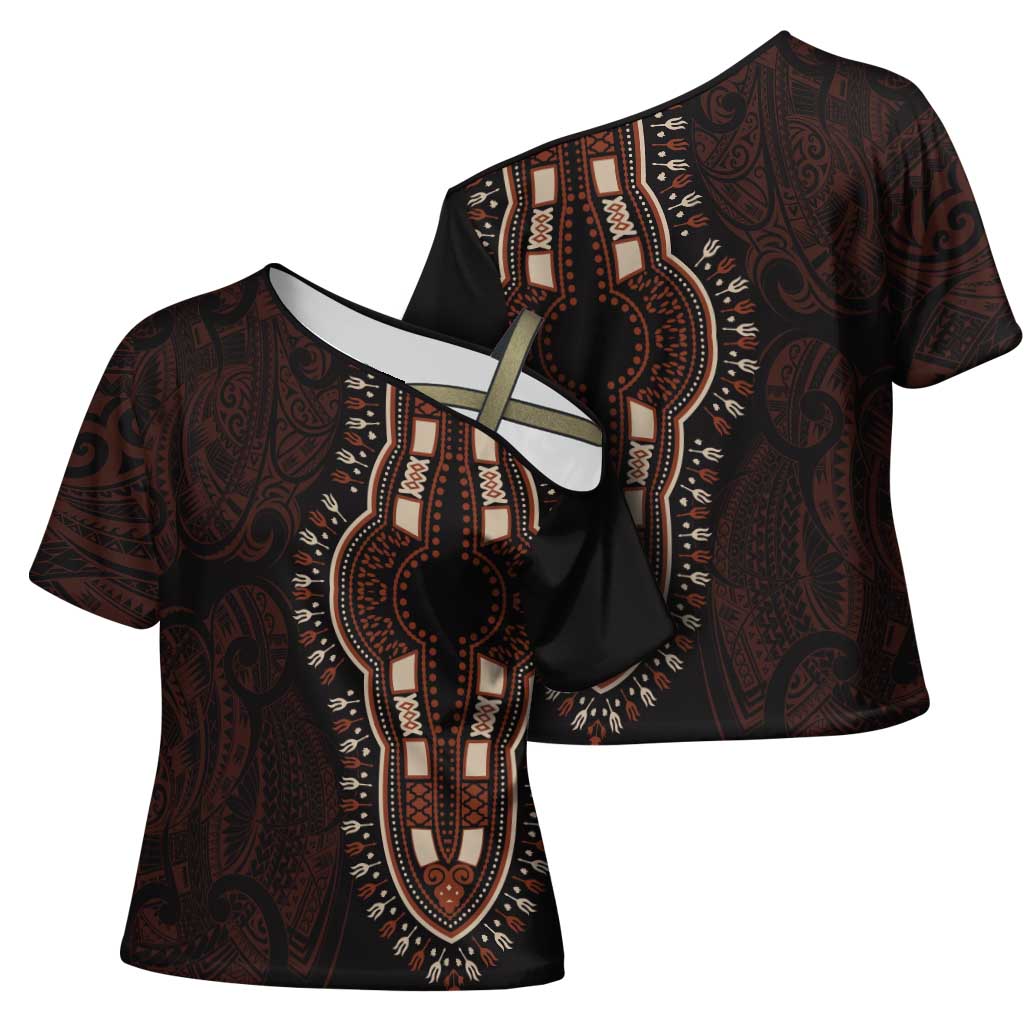 Dashiki and Polynesian Pattern Cross Shoulder Shirt Afro Pacific Culture Red Version