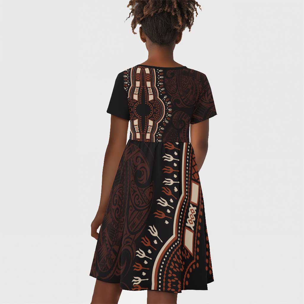 Dashiki and Polynesian Pattern Kid Short Sleeve Dress Afro Pacific Culture Red Version