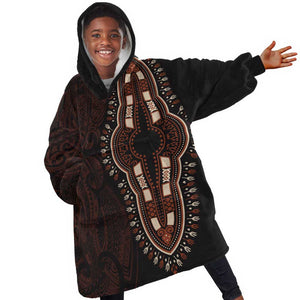 Dashiki and Polynesian Pattern Kid Wearable Blanket Hoodie Afro Pacific Culture Red Version
