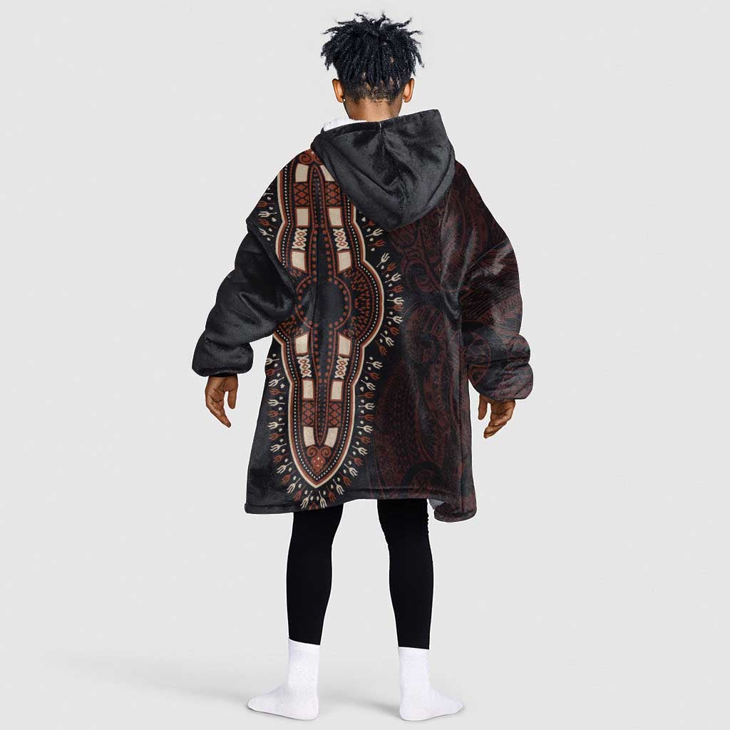 Dashiki and Polynesian Pattern Kid Wearable Blanket Hoodie Afro Pacific Culture Red Version