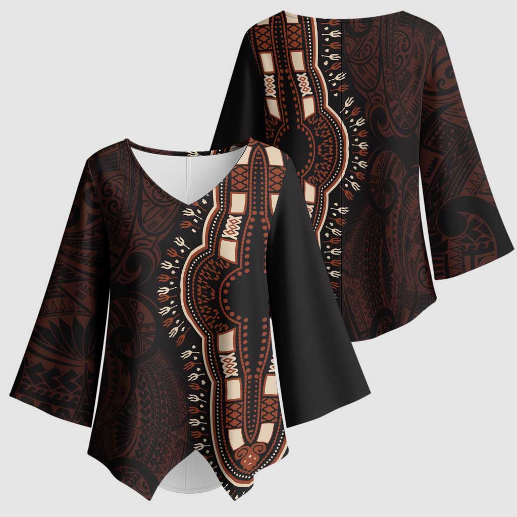 Dashiki and Polynesian Pattern Kimono Sleeve Blouse Afro Pacific Culture Red Version