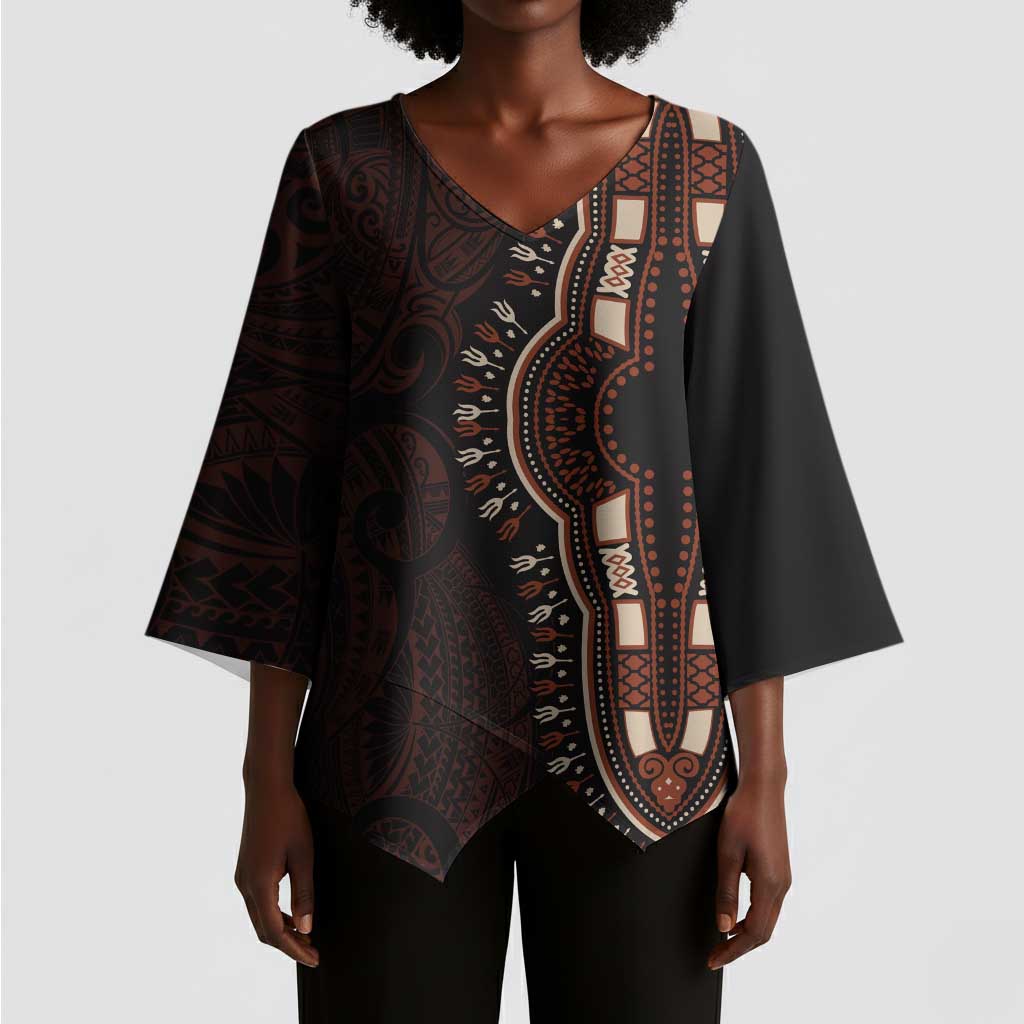 Dashiki and Polynesian Pattern Kimono Sleeve Blouse Afro Pacific Culture Red Version