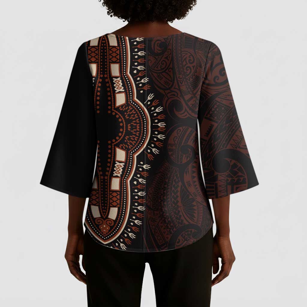 Dashiki and Polynesian Pattern Kimono Sleeve Blouse Afro Pacific Culture Red Version