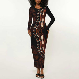 Dashiki and Polynesian Pattern Long Sleeve Bodycon Dress Afro Pacific Culture Red Version LT9