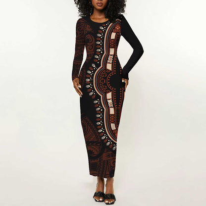 Dashiki and Polynesian Pattern Long Sleeve Bodycon Dress Afro Pacific Culture Red Version LT9