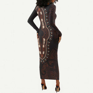 Dashiki and Polynesian Pattern Long Sleeve Bodycon Dress Afro Pacific Culture Red Version LT9