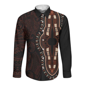 Dashiki and Polynesian Pattern Long Sleeve Button Shirt Afro Pacific Culture Red Version