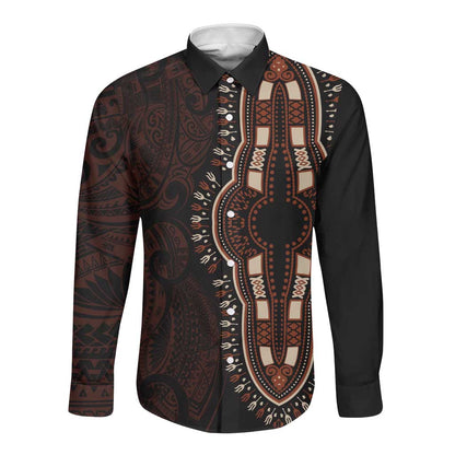 Dashiki and Polynesian Pattern Long Sleeve Button Shirt Afro Pacific Culture Red Version
