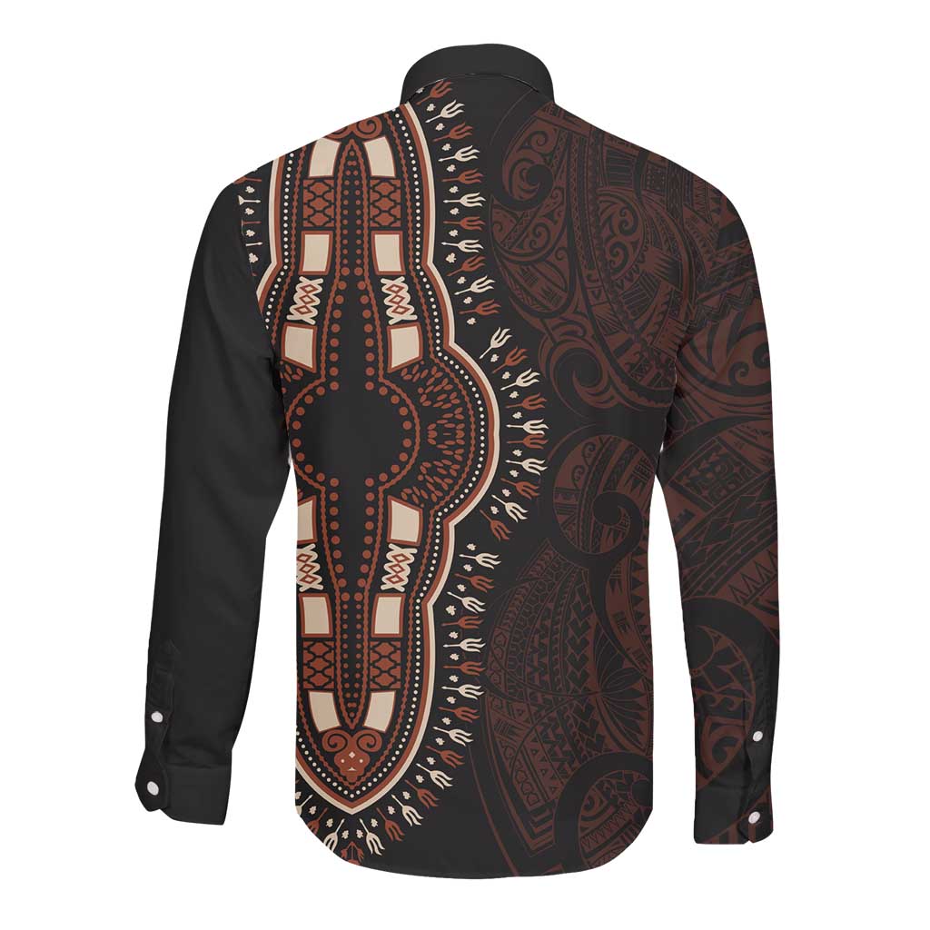 Dashiki and Polynesian Pattern Long Sleeve Button Shirt Afro Pacific Culture Red Version
