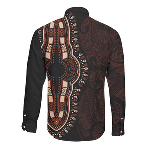 Dashiki and Polynesian Pattern Long Sleeve Button Shirt Afro Pacific Culture Red Version