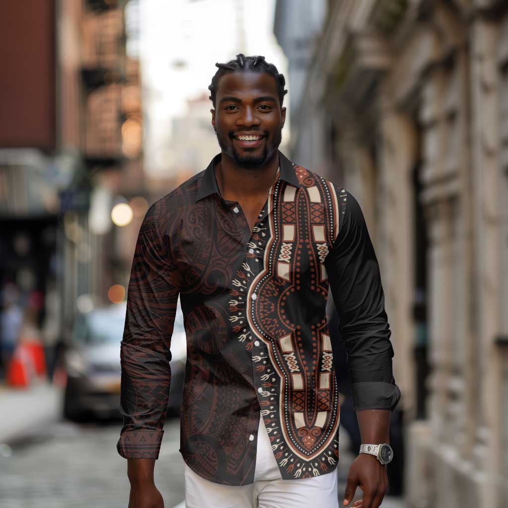 Dashiki and Polynesian Pattern Long Sleeve Button Shirt Afro Pacific Culture Red Version