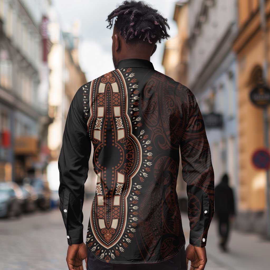 Dashiki and Polynesian Pattern Long Sleeve Button Shirt Afro Pacific Culture Red Version