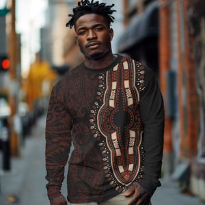Dashiki and Polynesian Pattern Long Sleeve Shirt Afro Pacific Culture Red Version
