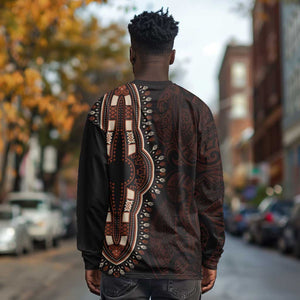 Dashiki and Polynesian Pattern Long Sleeve Shirt Afro Pacific Culture Red Version