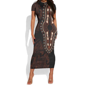 Dashiki and Polynesian Pattern Short Sleeve Bodycon Dress Afro Pacific Culture Red Version LT9