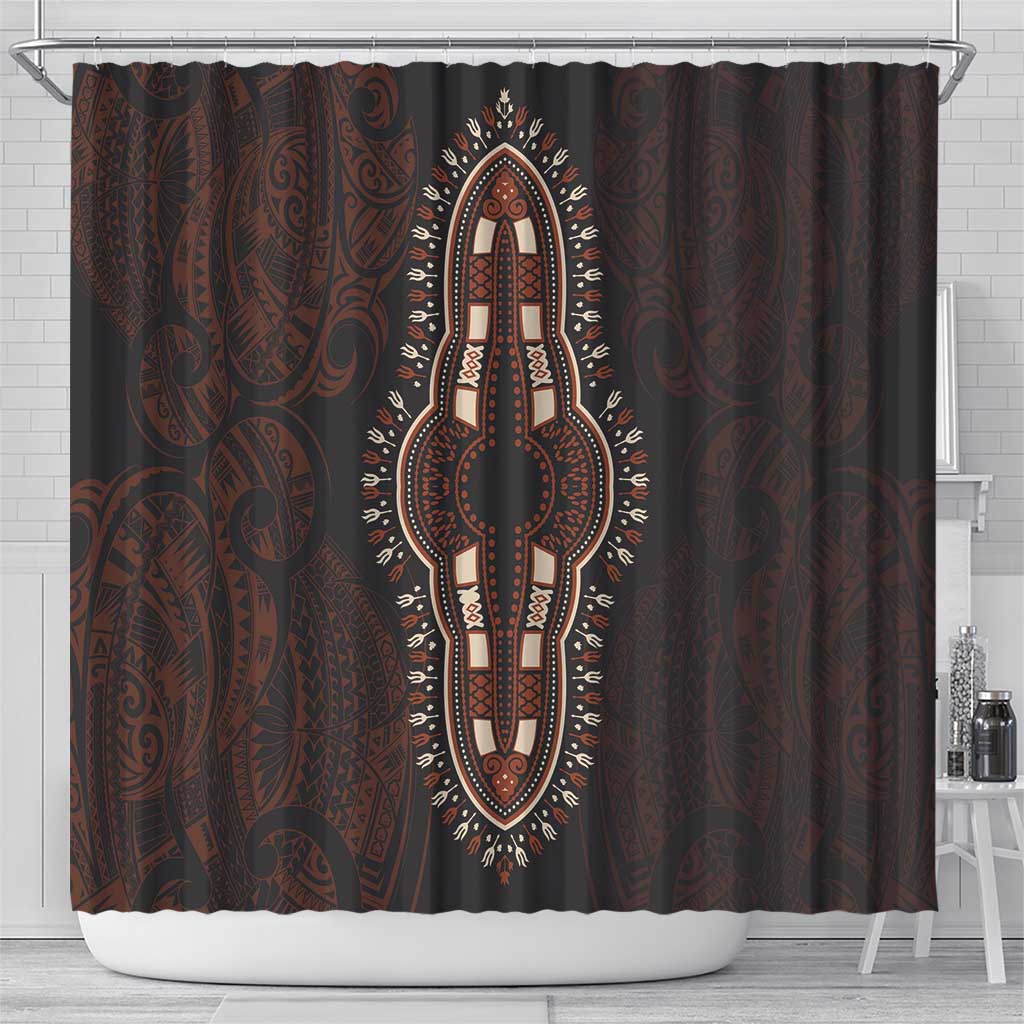 Dashiki and Polynesian Pattern Shower Curtain Afro Pacific Culture Red Version