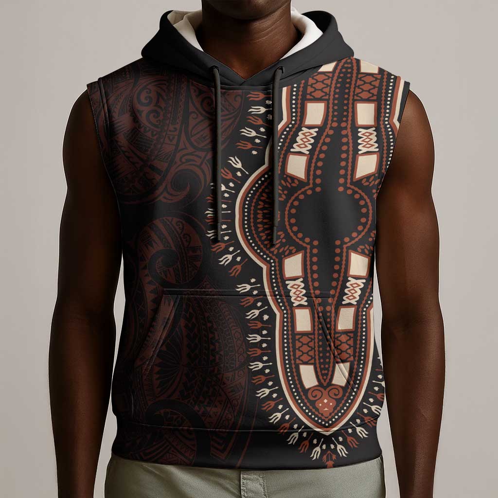 Dashiki and Polynesian Pattern Sleeveless Hoodie Afro Pacific Culture Red Version - African Pride