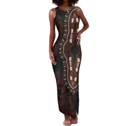 Dashiki and Polynesian Pattern Tank Maxi Dress Afro Pacific Culture Red Version