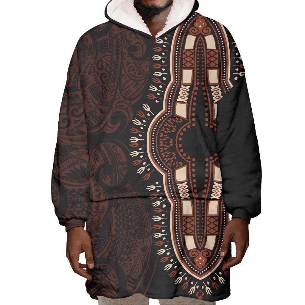 Dashiki and Polynesian Pattern Wearable Blanket Hoodie Afro Pacific Culture Red Version