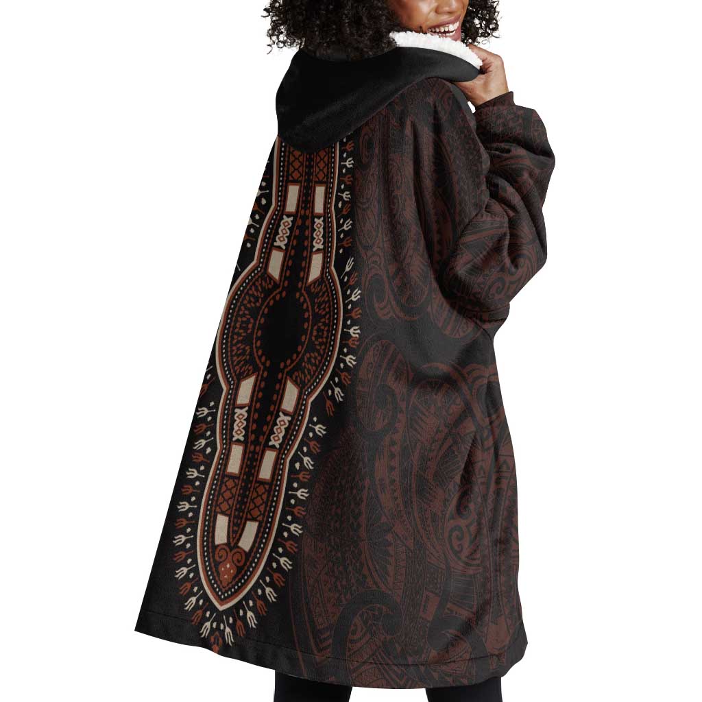 Dashiki and Polynesian Pattern Wearable Blanket Hoodie Afro Pacific Culture Red Version