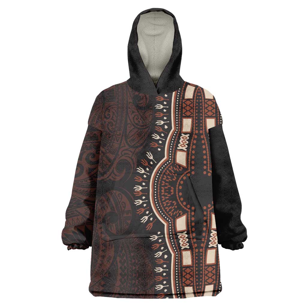 Dashiki and Polynesian Pattern Wearable Blanket Hoodie Afro Pacific Culture Red Version