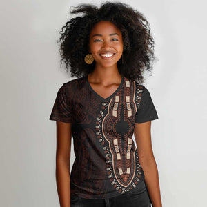 Dashiki and Polynesian Pattern Women V-Neck T-Shirt Afro Pacific Culture Red Version