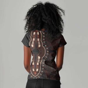 Dashiki and Polynesian Pattern Women V-Neck T-Shirt Afro Pacific Culture Red Version