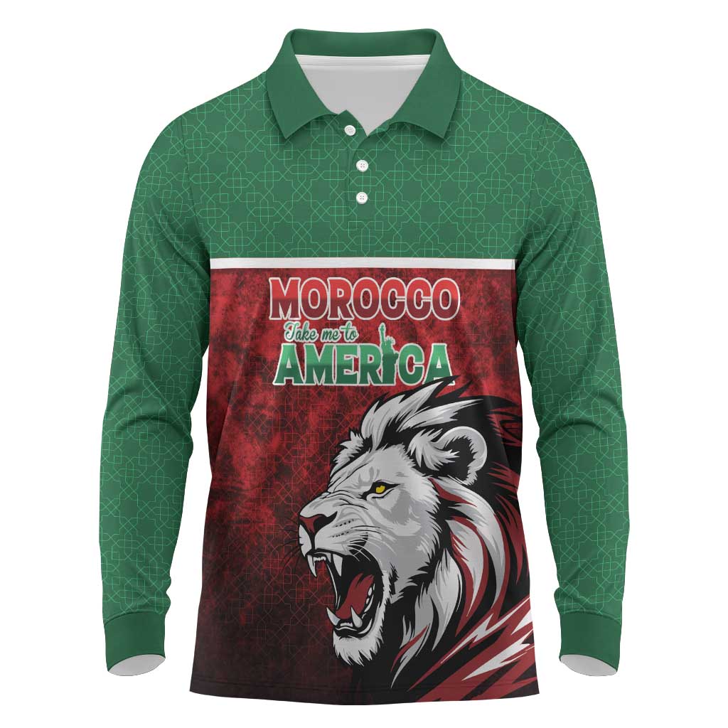 Custom Morocco Football Dream 2026 Long Sleeve Polo Shirt Atlas Lions Journey To America