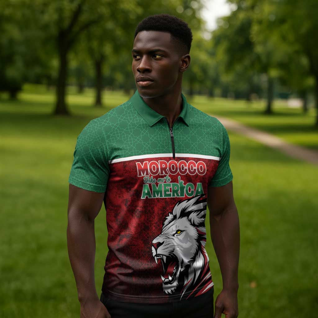 Custom Morocco Football Dream 2026 Zipper Polo Shirt Atlas Lions Journey To America