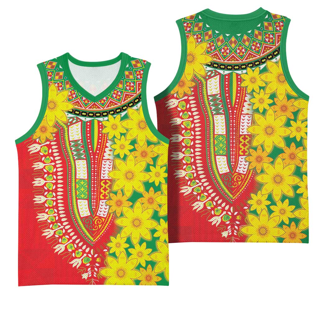 Afro Ethiopian New Year Basketball Jersey Enkutatash Adey Abeba Flower Art - African Pride