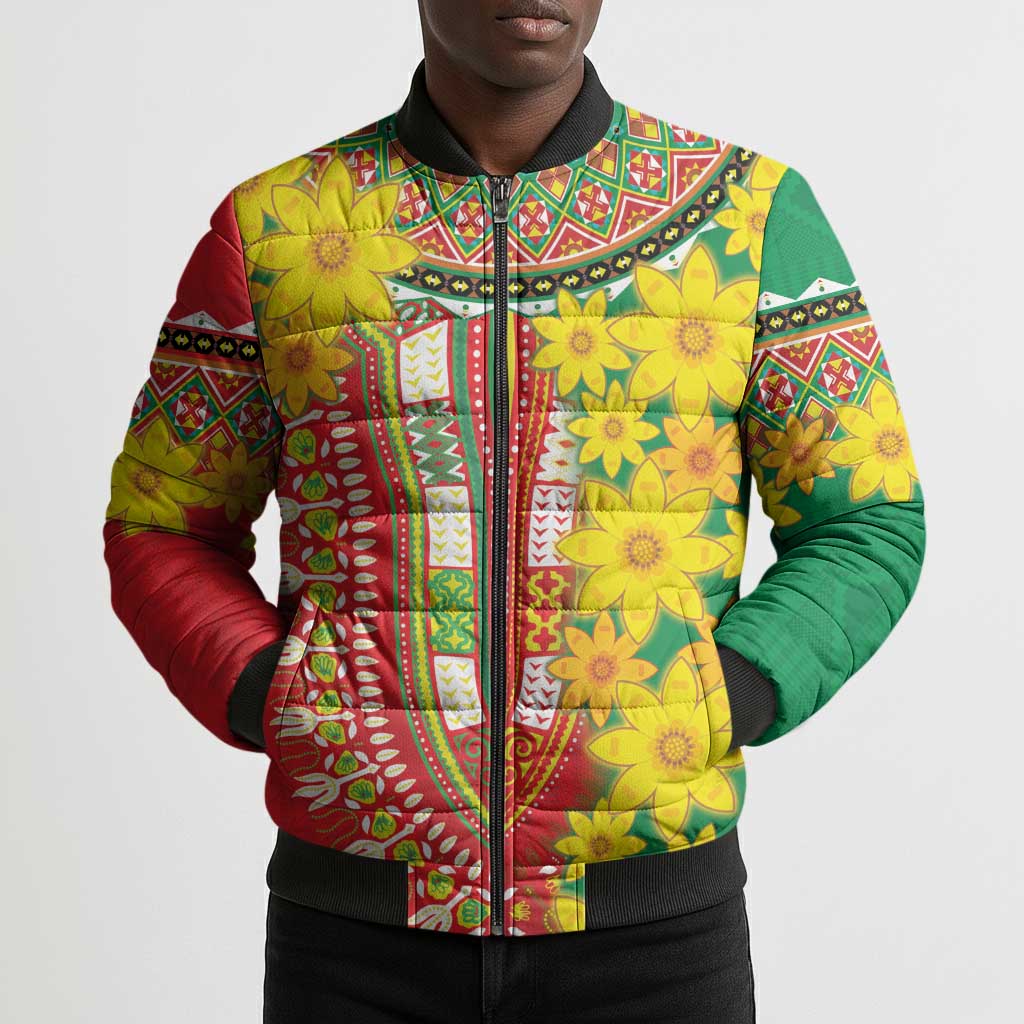 Afro Ethiopian New Year Bomber Puffer Jacket Enkutatash Adey Abeba Flower Art