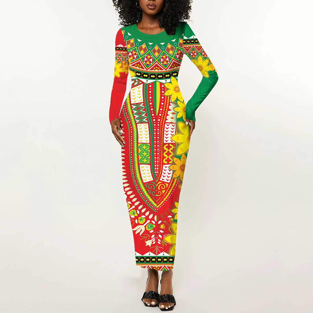 Afro Ethiopian New Year Long Sleeve Bodycon Dress Enkutatash Adey Abeba Flower Art LT9
