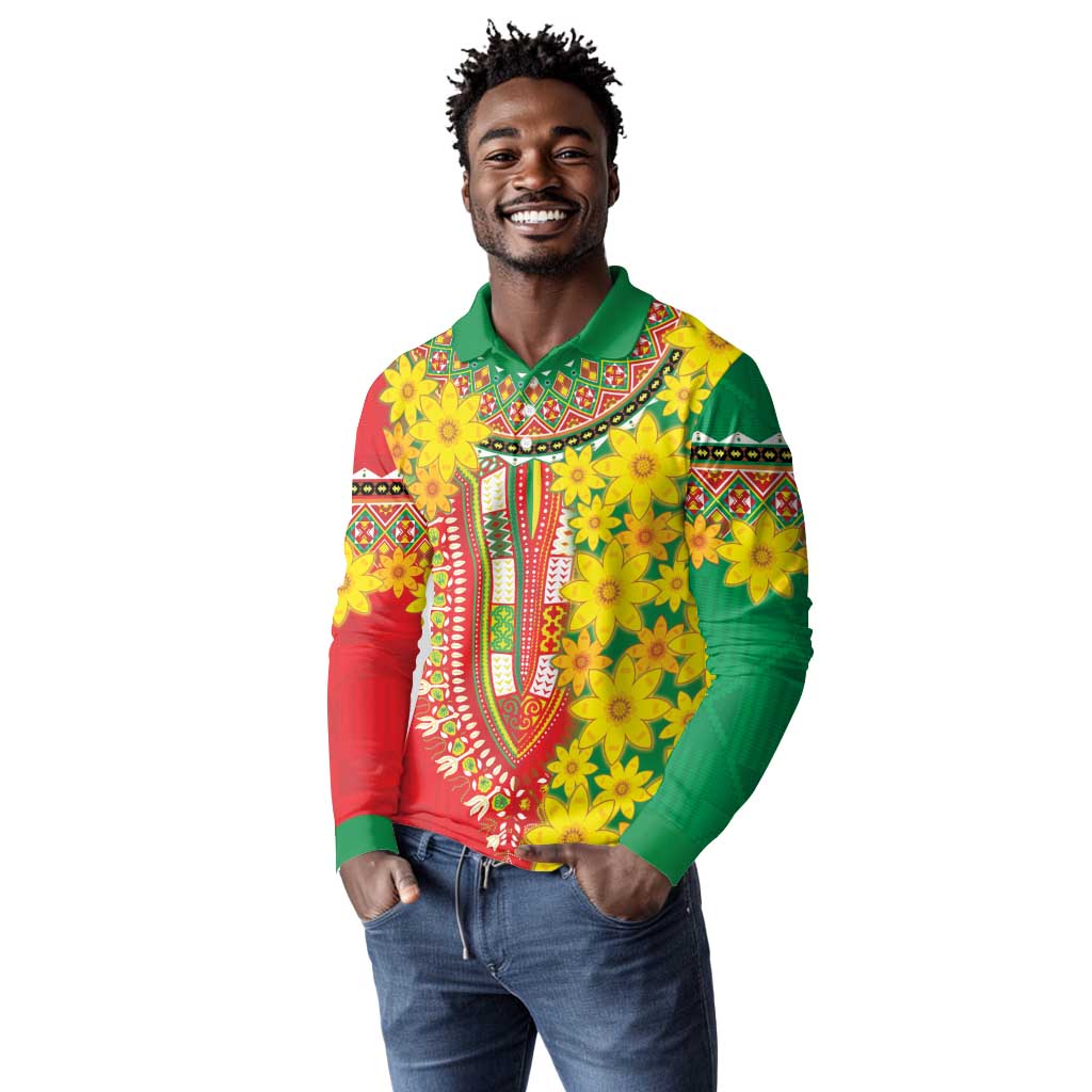 Afro Ethiopian New Year Long Sleeve Polo Shirt Enkutatash Adey Abeba Flower Art