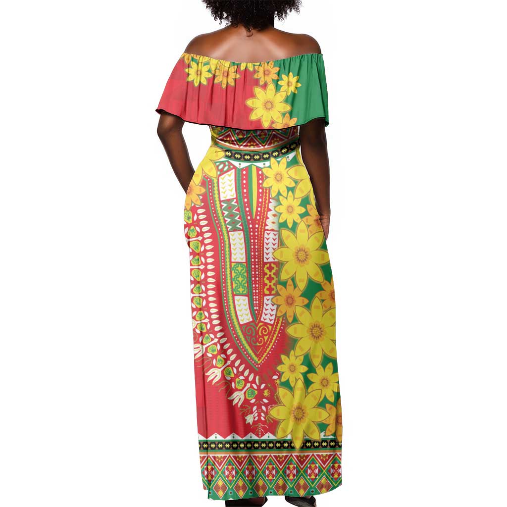 Afro Ethiopian New Year Off Shoulder Maxi Dress Enkutatash Adey Abeba Flower Art