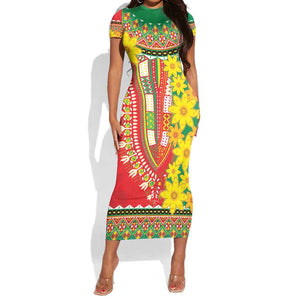 Afro Ethiopian New Year Short Sleeve Bodycon Dress Enkutatash Adey Abeba Flower Art LT9