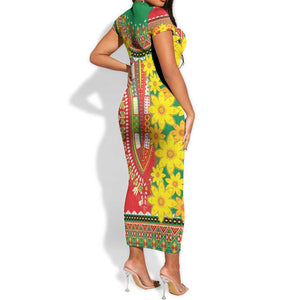 Afro Ethiopian New Year Short Sleeve Bodycon Dress Enkutatash Adey Abeba Flower Art LT9