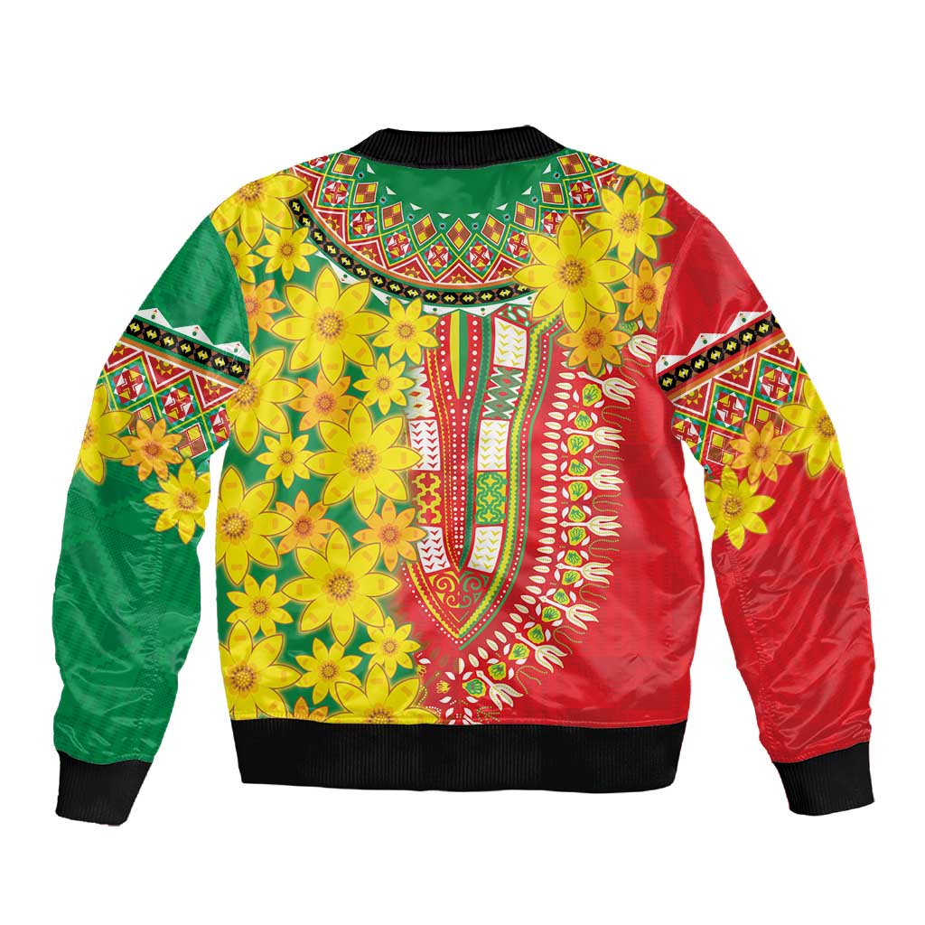 Afro Ethiopian New Year Sleeve Zip Bomber Jacket Enkutatash Adey Abeba Flower Art