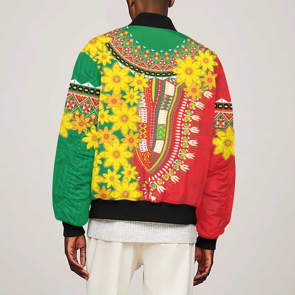 Afro Ethiopian New Year Sleeve Zip Bomber Jacket Enkutatash Adey Abeba Flower Art