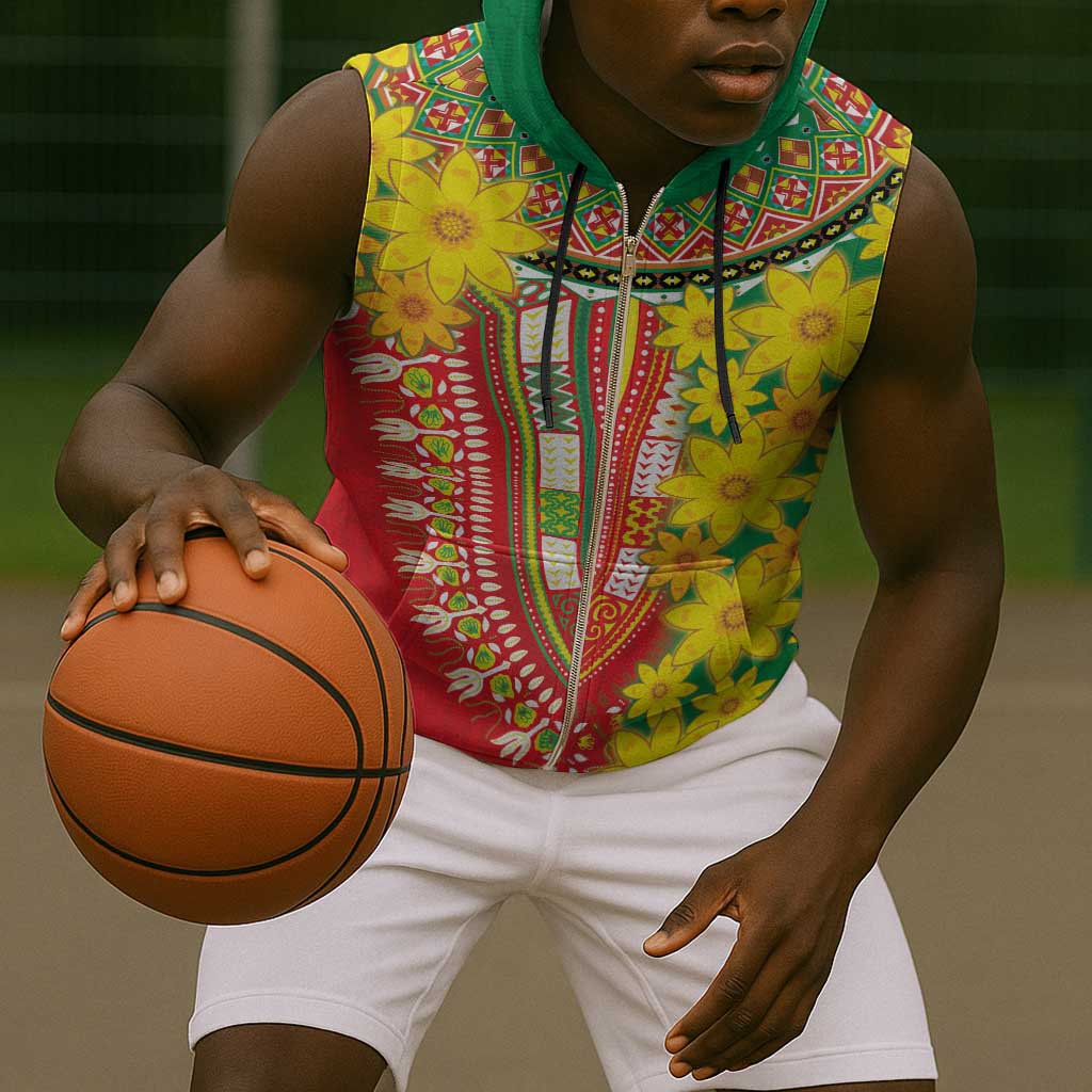 Afro Ethiopian New Year Sleeveless Zip Hoodie Enkutatash Adey Abeba Flower Art - African Pride