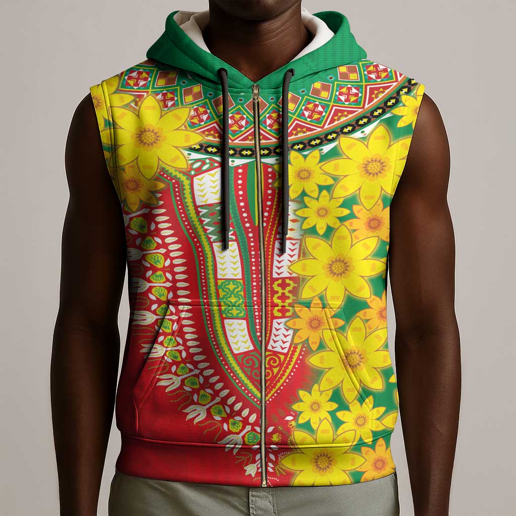 Afro Ethiopian New Year Sleeveless Zip Hoodie Enkutatash Adey Abeba Flower Art - African Pride