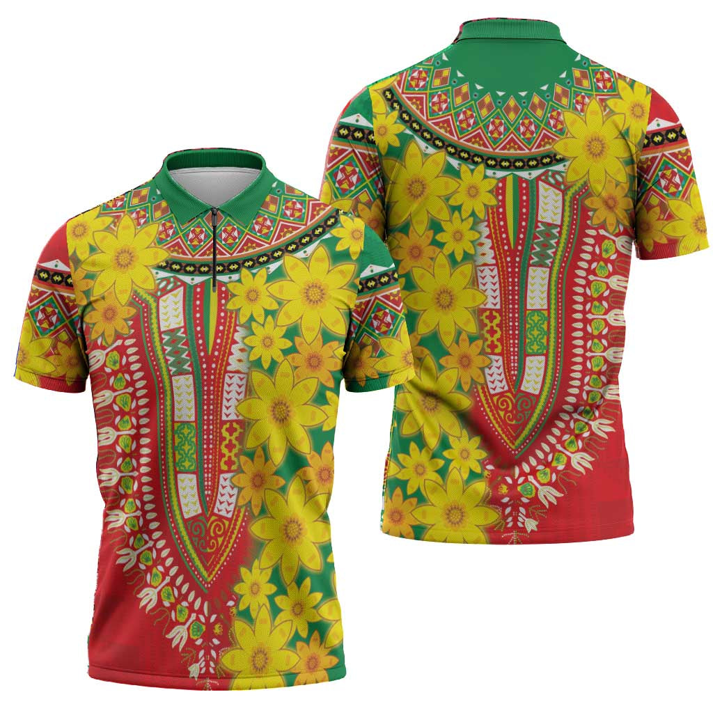 Afro Ethiopian New Year Zipper Polo Shirt Enkutatash Adey Abeba Flower Art
