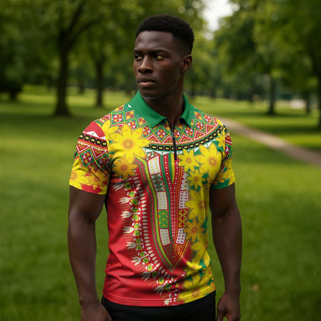 Afro Ethiopian New Year Zipper Polo Shirt Enkutatash Adey Abeba Flower Art